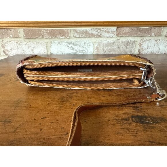 Handmade Leather Floral & Palm Tree Embossed Zipper Wristlet Wallet Vintage - Picture 7 of 16